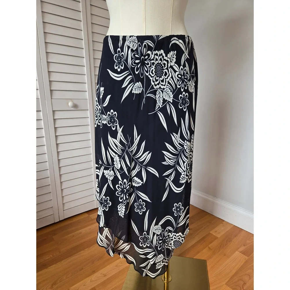 Donna Ricco Black White Floral Asymmetrical Bias Slip Midaxi Skirt 16W Y2K 90s